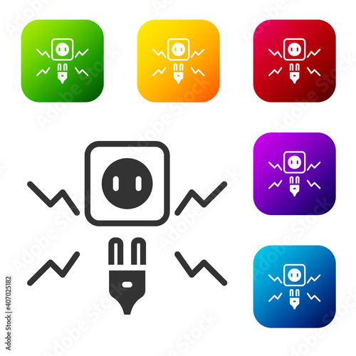 Black Connecting electric plug with electricity spark icon isolated on white background. Set icons in color square buttons. Vector.