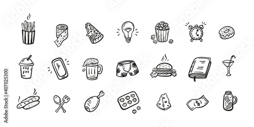 Hand Drawn Doodle Various Household Items and Fast Food Icons. Hangover and Mess After Party Concept. Lifestyle Stuff Signs.
