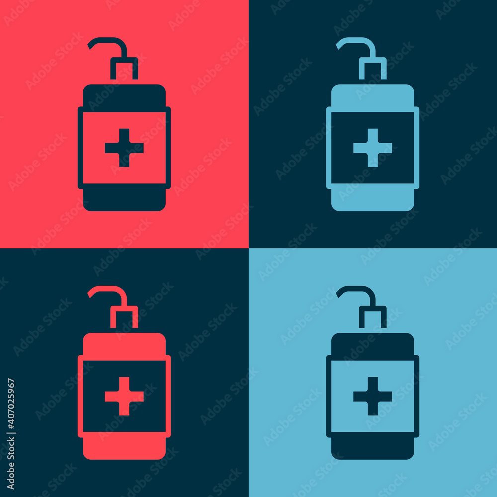 Pop art Hand sanitizer bottle icon isolated on color background. Disinfection concept. Washing gel. Alcohol bottle for hygiene. Vector.
