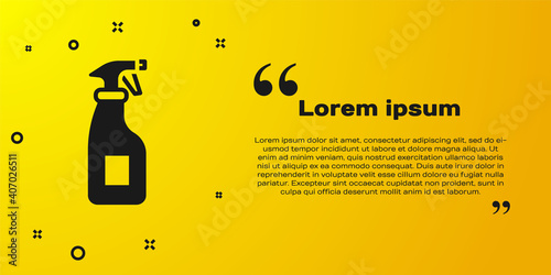 Black Cleaning spray bottle with detergent liquid icon isolated on yellow background. Vector.