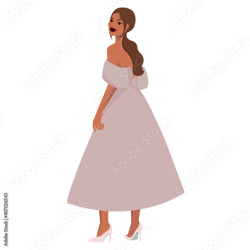 Woman in light beautiful fluffy dress. Fashion illustration