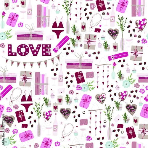 Valentine's day seamless pattern in boho style with home decorations in the form of garlands with hearts, glasses for drinks, sweets, flowers and decorations.