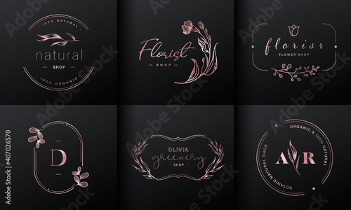 Luxury logo design collection. Rose gold emblems with initials and floral decorative for branding logo, corporate identity and wedding monogram design.