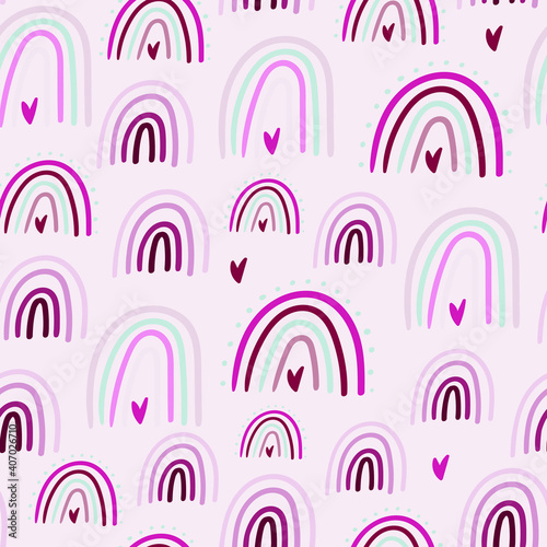 Valentine's Day rainbow and hearts samless hand drawn pattern. Childish texture background. Kids illustration. Fabric design for clothes.