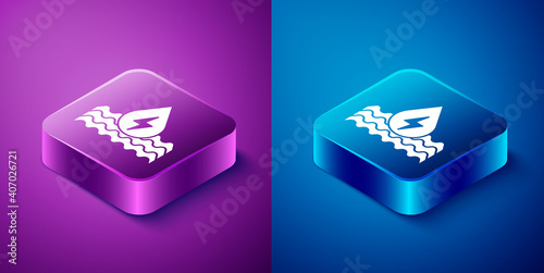 Isometric Water energy icon isolated on blue and purple background. Ecology concept with water droplet. Alternative energy concept. Square button. Vector.