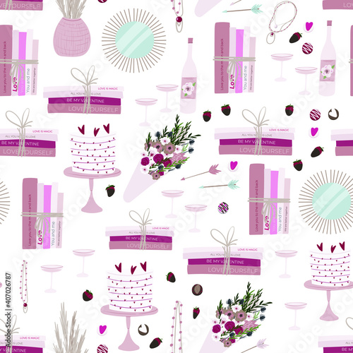 Valentine's day seamless pattern in boho style with home decorations, desserts and drinks.