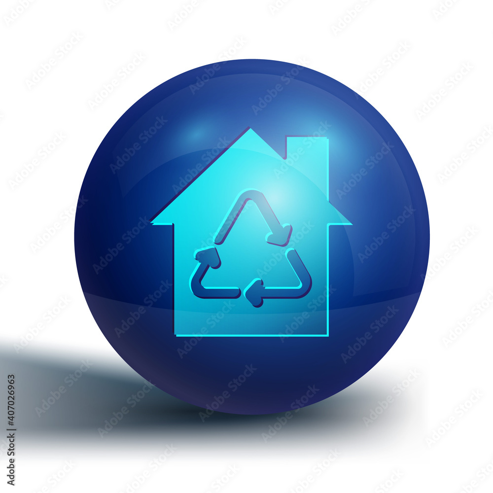 Blue Eco House with recycling symbol icon isolated on white background. Ecology home with recycle arrows. Blue circle button. Vector. Blue Eco House with recycling symbol icon isolated on white background. Ecology home with recycle arrows. Blue circle button. Vector.