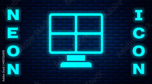 Glowing neon Solar energy panel icon isolated on brick wall background. Vector.