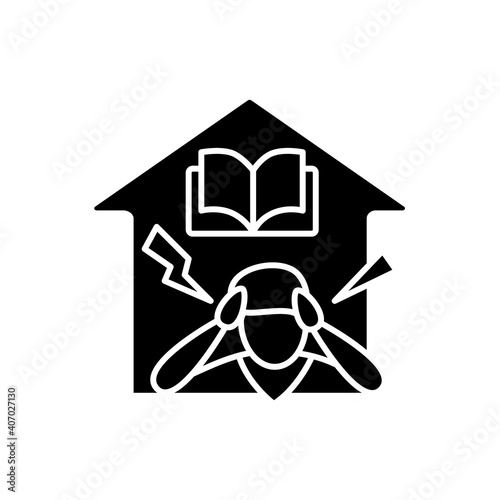  Stress at home glyph icon. Dad tired of his child home learning. Online education concept. Distant remote teaching and homeschooling. Isolated silhouette vector illustration