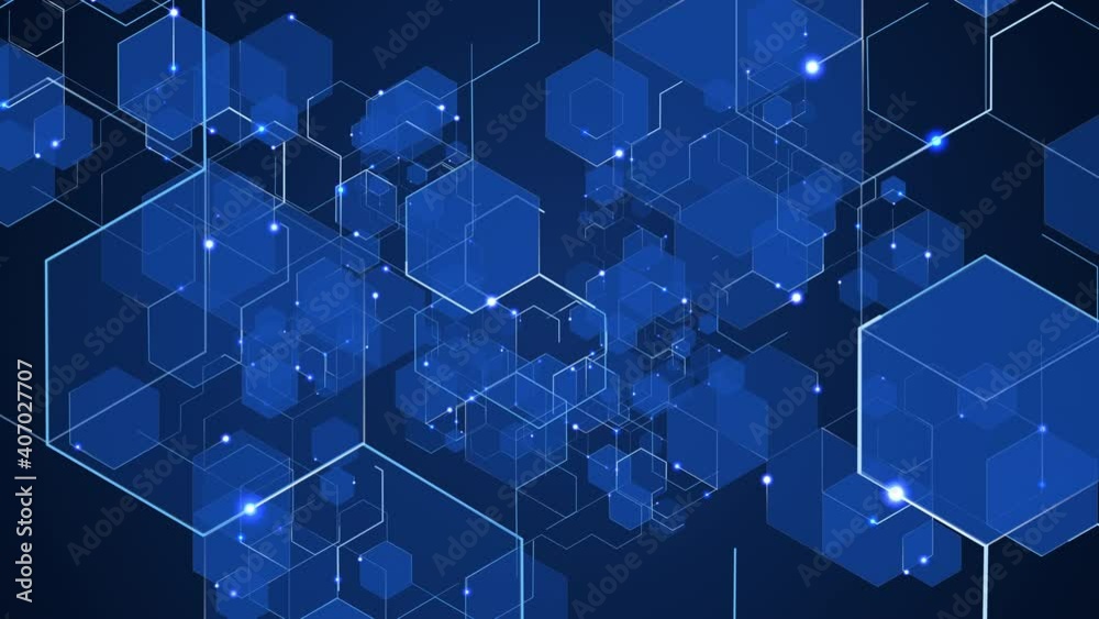 
Blue geometric hexagons with glowing moving light points flying towards the viewer.