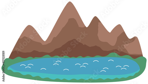 Nature landscape with mountains, hills, lake and green isolted on white background. Outdoor tourist spots in Crete. Natural attractions in greece. Lake surrounded by mountains vector illustration