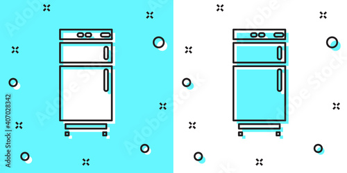 Black line Refrigerator icon isolated on green and white background. Fridge freezer refrigerator. Household tech and appliances. Random dynamic shapes. Vector.