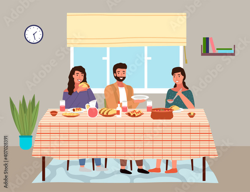 Characters eating mexican cuisine dishes. People in national costumes have dinner at home. Dining table with tacos and burritos. Family with mexican food on the table. Relatives communicate together