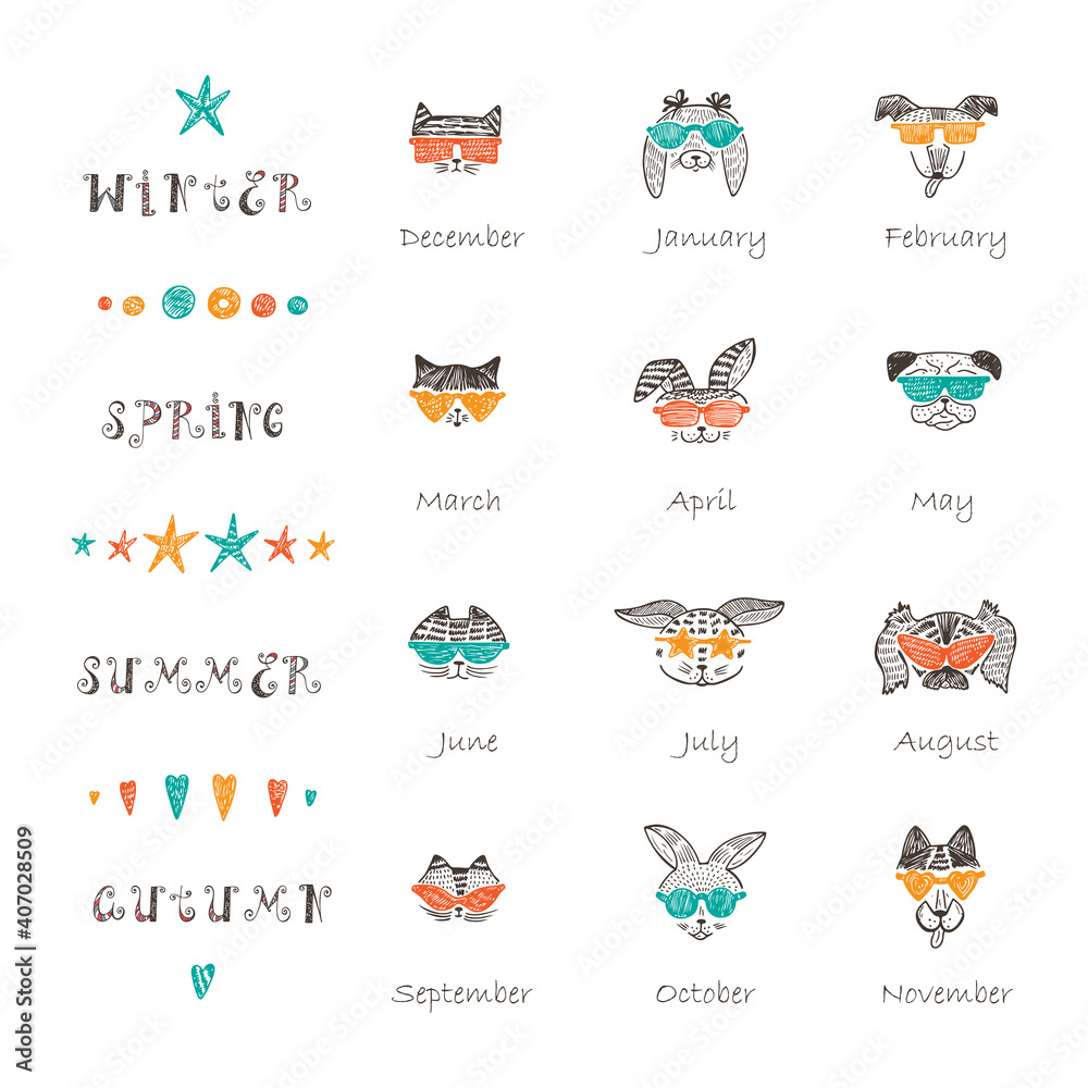 Vector template. Times of year. Four seasons and months, the template for creating a calendar with Doodle Cute Stylish Trendy Hipster Cats, Rabbits and Dogs with Sunglasses
