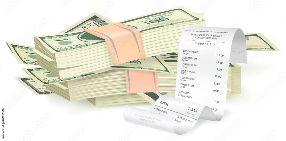 Obraz premium Payment check near a stack of dollars isometric. Buying financial invoice bill and banknotes. Receipt the seller forms at the online checkout for transfer to the buyer or client, paper piece