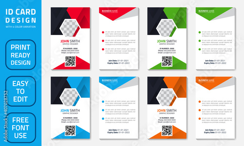 Simple vector office ID card design template. Creative Corporate Business identity card for employees with four color variations.