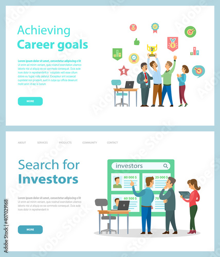 Achieving career goals and Search for investors website vector. Business and motivation banners. Office team celebrates achievements holds cup. Group of businessmen choose financial investor