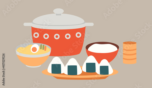 Template for japanese cafe or restaurant. Oriental cuisine dishes flat vector illustration. Demonstration of serving onigiri with nori and rice. Deep bowl of ramen soup isolated on white background