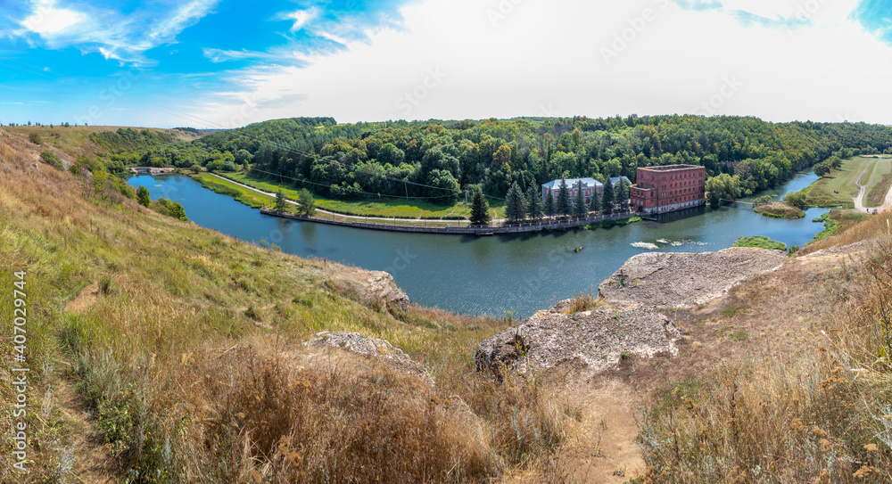 Panoramic view of the landscape around the abandoned mill on the Bank of the Vorgol river in the former estate of merchant Taldykin near the city of Yelets, Lipetsk region, Russia