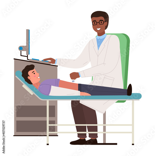 Doctor conducts an ultrasound of patient s abdominal cavity. Boy on consultation at the hospital. Gastroenterologist examines the belly of a young guy. Physician works at clinic with special equipment
