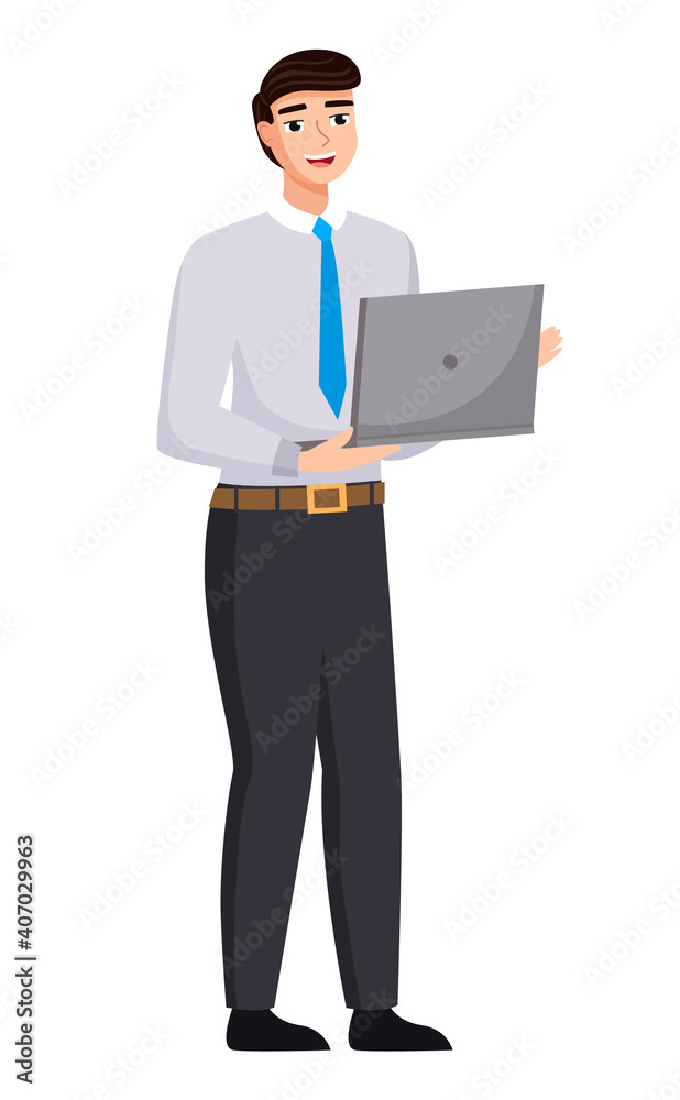 Businessman standing at full height holding opened laptop in his hands vector illustration isolated on white background. Man in formal clothes office worker or business man communicates using laptop Businessman standing at full height holding opened laptop in his hands vector illustration isolated on white background. Man in formal clothes office worker or business man communicates using laptop