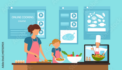 Vector of a mother and a daughter learning recipes online, cooking at home while watching a video of a chef explaining how to prepare food