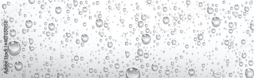 Condensation water drops on grey or silver background. Rain droplets with light reflection on window or glass surface, abstract wet texture, pure aqua blobs pattern, Realistic 3d vector illustration