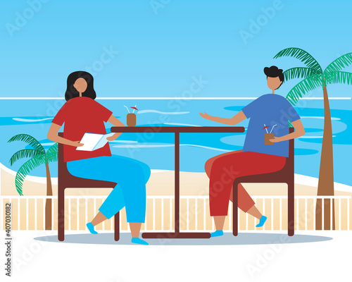 Couple in a cafe, seaside resort, Flat vector stock illustration as Concept for a romantic dinner by the sea, couple having a date