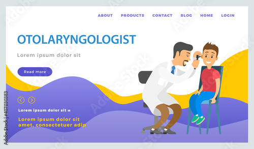 The otolaryngologist looks at the child. Doctor and kid characters on medical examination. ENT holds the boy by the head to check his ear. Otolaryngologist and little patient landing page template