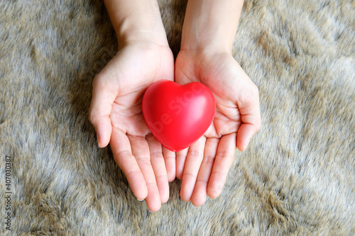 Woman is holding and giving red heart in her hands on fur background. Health,medicine,careful and charity concept.