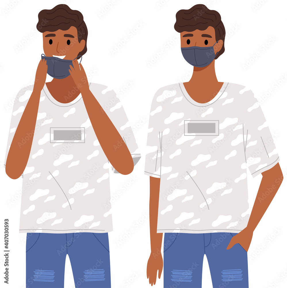 Indian man is using a medical mask. Dark haired man in tshort is posing. Boy takes off medical mask vector illustration isolated on white background. Self-isolation during quarantine and pandemic