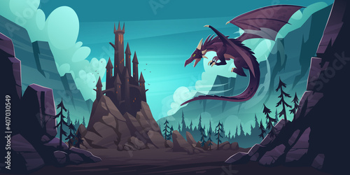 Black spooky castle and flying dragon in canyon with mountains and forest. Vector cartoon fantasy illustration with medieval palace with towers, creepy beast with wings, rocks and pine trees