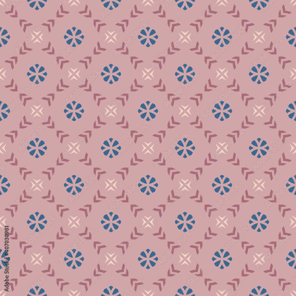 Vector geometric floral seamless pattern. Simple ornament with small flower silhouettes, diamonds shapes, crosses, arrows, grid. Abstract background in pink, rose, blue and beige color. Elegant design