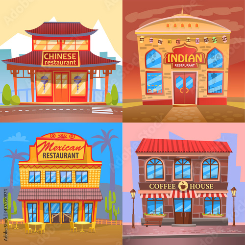 Cuisine of different nationalities vector, building flat style. Exteriors of architecture, japanese and chinese, mexican and indian dishes, coffee house © robu_s