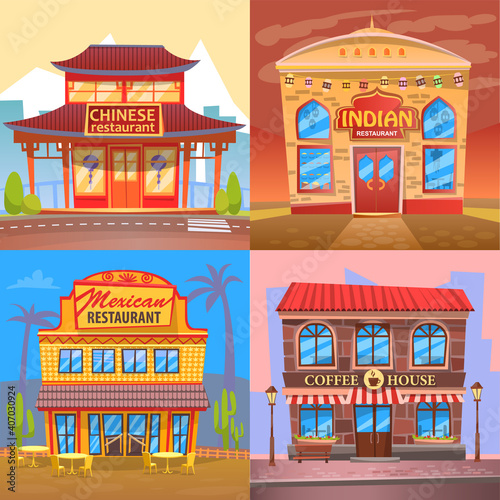 Cuisine of different nationalities vector, building flat style. Exteriors of architecture, japanese and chinese, mexican and indian dishes, coffee house