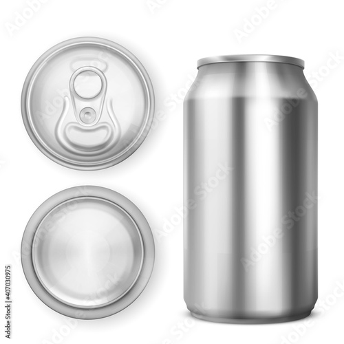Aluminium can for soda or beer in front, top and bottom view. Vector realistic 3d mockup of blank metal tin can for drink with ring pull on lid isolated on white background