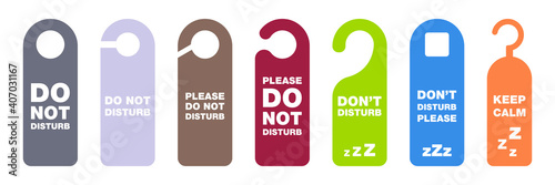 Do not disturb tag. Don't disturb banner in hotel. Please do not disturb collection. Hanging label in hotel. Private time message. Warning symbol on door. Colorful privacy tag set. Vector EPS 10.