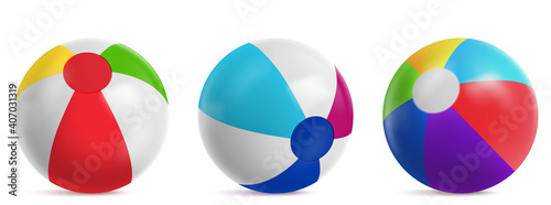 Inflatable beach ball, striped air balloon for play in water, swim pool or sea. Vector realistic set of bright rubber beachballs with different colors isolated on white background