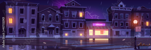 City street with houses and empty road at cold weather with rain and lightning. Vector cartoon cityscape with glowing windows of shop or cafe at rainy night. Illustration of thunderstorm in town