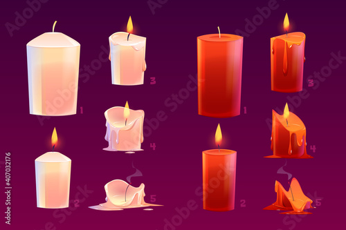 Cartoon candles burning motion sequence animation glowing and extinct lights with melted wax. Elements for spa, holidays, new year or christmas card and romantic date, isolated vector illustration set