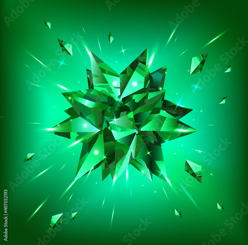 Green emerald star isolated on a green background. Crystal. Vector illustration.