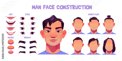 Asian man face construction, avatar creation with head parts isolated onwhite background. Vector cartoon set of male character eyes, noses, hairstyles, brows and lips. Skin pack for face generator