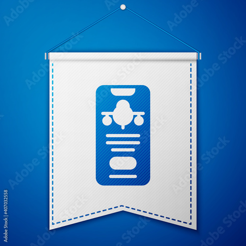 Blue Smartphone with electronic boarding pass airline ticket icon isolated on blue background. Passenger plane mobile ticket for web and app. White pennant template. Vector.