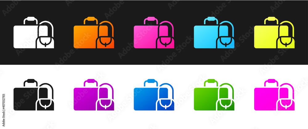 Set Suitcase for travel icon isolated on black and white background. Traveling baggage sign. Travel luggage icon. Vector. Set Suitcase for travel icon isolated on black and white background. Traveling baggage sign. Travel luggage icon. Vector.