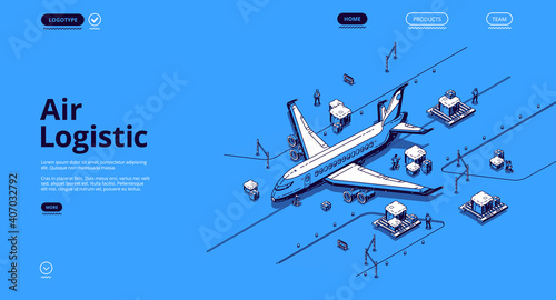 Air logistics isometric landing page. Airplane transport global delivery company service, cargo import export by plane, aircraft goods world transportation business, 3d vector line art web banner