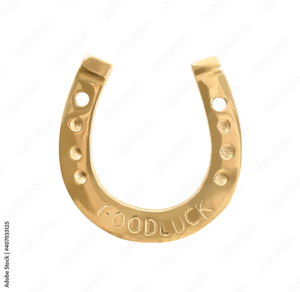 Golden horseshoe isolated on white, top view. Saint Patrick's Day celebration Golden horseshoe isolated on white, top view. Saint Patrick's Day celebration