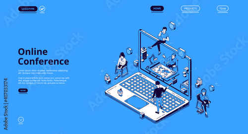 Online conference isometric landing page, tiny business people communicate via internet video call at huge laptop. Virtual meeting with colleagues, distant workplace 3d vector line art web banner