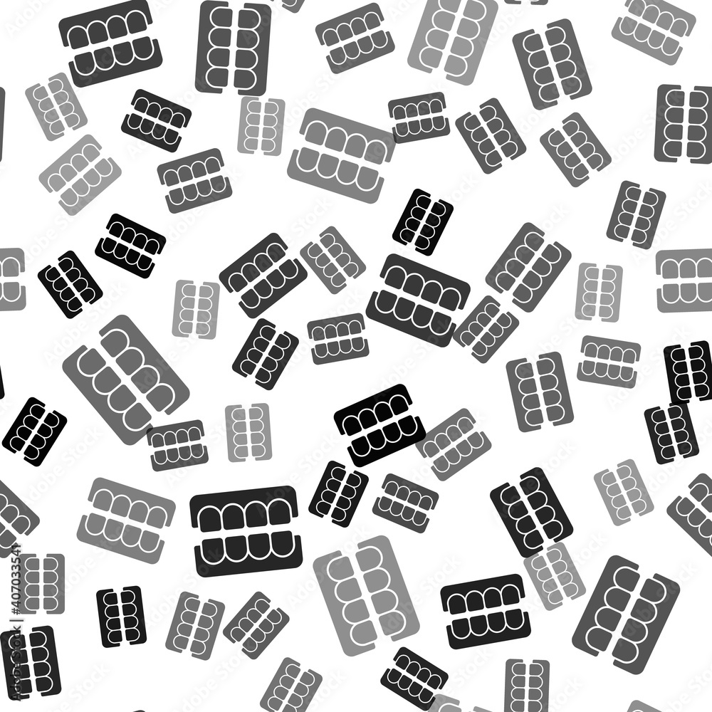 Black False jaw icon isolated seamless pattern on white background. Dental jaw or dentures, false teeth with incisors. Vector. Black False jaw icon isolated seamless pattern on white background. Dental jaw or dentures, false teeth with incisors. Vector.