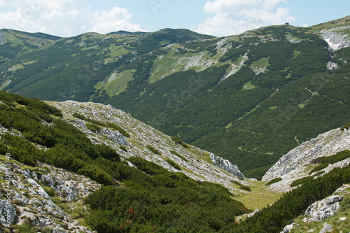 View of Trinksteinsattel from the hiking trail to Prein on the Rax, Austria, Europe 