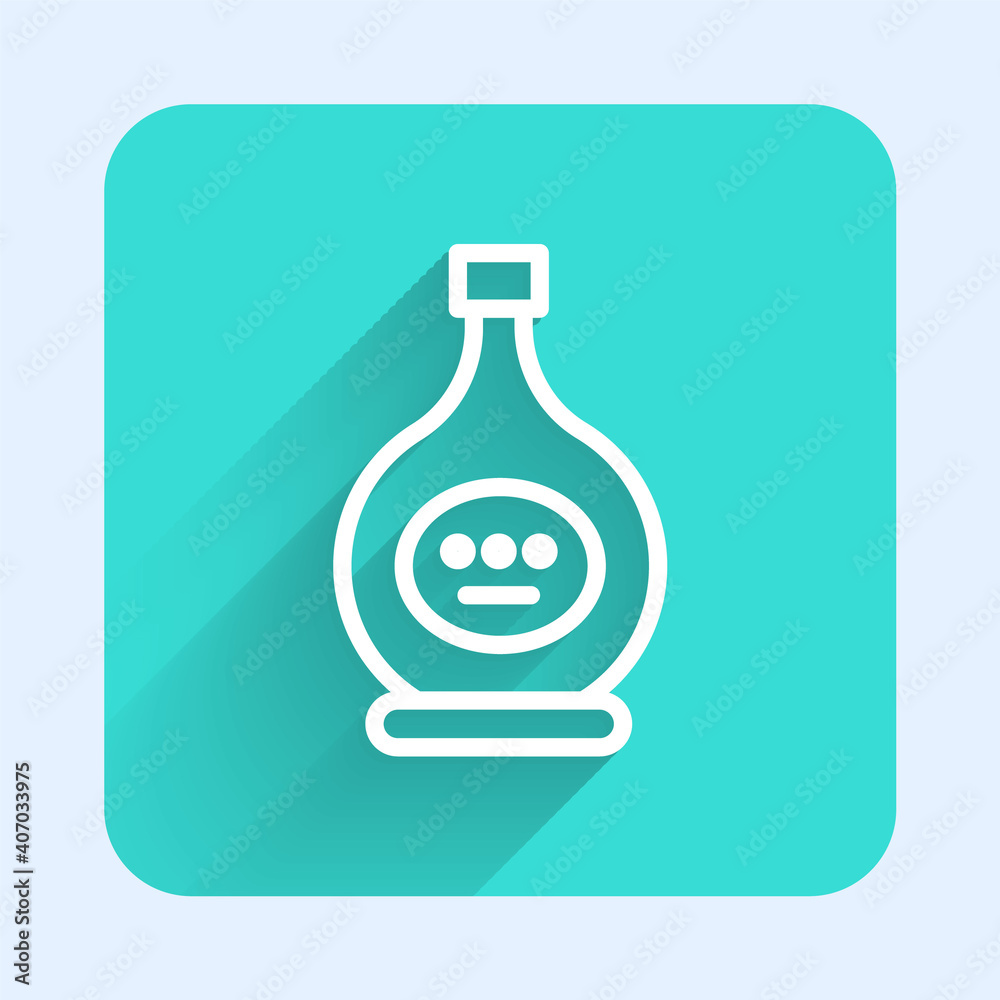 White line Bottle of cognac or brandy icon isolated with long shadow. Green square button. Vector Illustration. White line Bottle of cognac or brandy icon isolated with long shadow. Green square button. Vector Illustration.